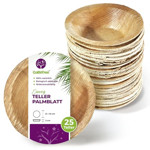 GoBeTree Platos Desechables de Hoja de Palma 25 Platos Redondos de 10 cm. Vajilla para barbacoas, picnic y Fiesta de cumpleaños, Similar al bambú, más fuerte que platos de papel