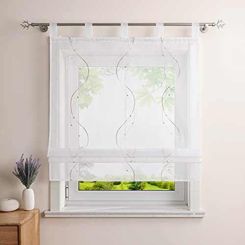 Heichkell Raffrollo mit Schlaufen Voile Tranparent Vorhang Bestickt Modern Raffgardine für Küche Wohnzimmer Schlafzimmer Sand BxH 80x140cm