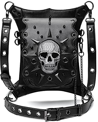 Dajingkj Steampunk Totenkopf-Hüfttasche, Motorrad-Beintasche, Kuriertasche, Gothic-Reisetasche, Bein-Hüft-Holster, Geldbörse für Damen und Herren, Schwarz 061, Einheitsgröße, modisch