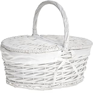 HERSIG - Cesta Mimbre Grande con asa – Cestas de Mimbre Multiusos - Cestas con Tapa para Picnic - Cesta Picnic Ovalada Blanca 35 x 25 x 17/30 cm