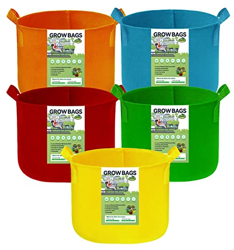 kopotma 10 Gallon Multicolor Grow Bags, Non-Woven Fabric Pots Garden Plant Tomato Planter Bags for Vegetables Flowers, 5-Pack