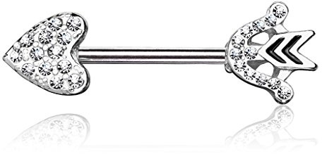 beyoutifulthings Piercing per capezzolo oro rosa argento cuore freccia pavé zircone trasparente piercing per capezzolo in acciaio chirurgico asta 14 mm, 14 mm, Acciaio inossidabile