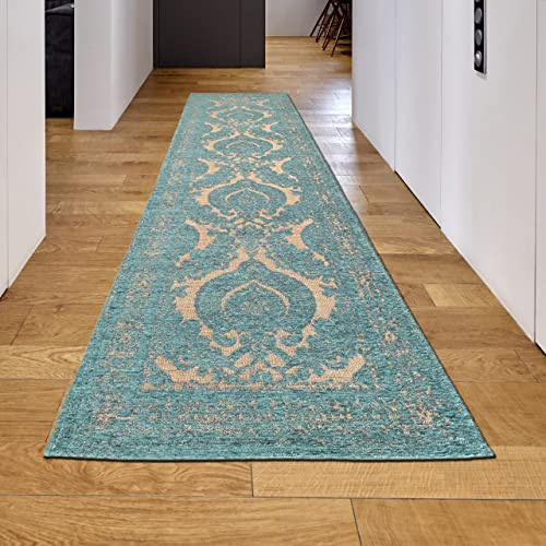 Teppich-Traum Teppich Wohnzimmer Marokkanisches Muster Modern Ornamente Pflegeleicht Hautsympathisch - Petrol Gold, 80 x 300 cm