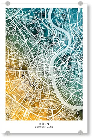 artboxONE Acrylglasbild 150x100 cm Städte Köln Stadtplan Blaugrün Bild hinter Acrylglas - Bild köln Deutschland Karte