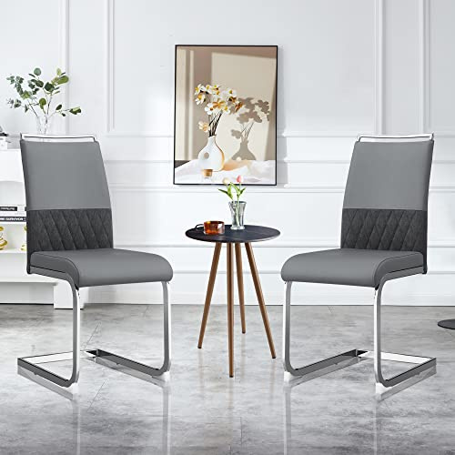 Moderne 2er Set Esszimmerstühle Freischwinger Schwingstuhl Küchenstuhl Bürostuhl Polsterstuhl Mit Metallbeine, Hoher Rücken Gepolstert, Querstreifen Rückenlehne Design Für Esszimmer, Küche (Grau)