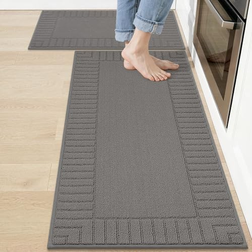 BEQHAUSE Küchen Teppiche, Waschbar, TPR rutschfest, 50x76cm+50x122cm, Grau | Küchenteppich Läufer Geeignet für Küchen, Esszimmer, Leicht zu Reinigen, Polypropylen, Haustierfreundlich, Schmutzfangend