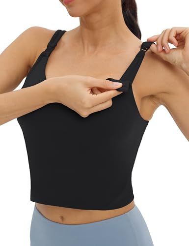 Foucome Womens Nursing Bras for Breastfeeding Maternity Tank Tops Crop Top with Built in Bra Longline Workout Sports Bra (Black, M)