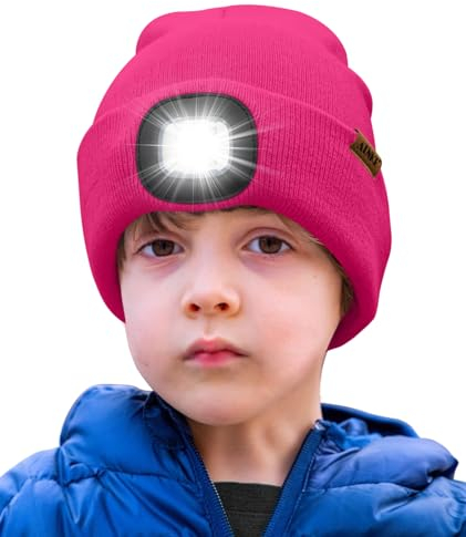 ATNKE Kids LED Beleuchtete Mütze mit Licht,Wiederaufladbare USB 4 LED Laufmütze Extrem Heller Lampe Winter Warme Stricken Mütze Großartig Geschenke für Jungen und Mädchen/Rose Red