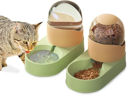 kathson Automatischer Katzenfütterer, Automatischer Schwerkraft-Hundefütterer, Automatischer Haustier-Tränkefütterer, Katzenfutterspender-Set 2L für kleine Haustiere, Welpen, Kätzchen (Grün)