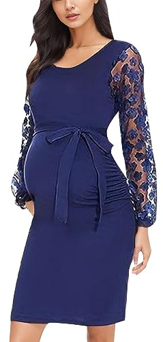 Robe Grossesse Col Rond Manche Longue Dentelle Robe Maternité Fête Soirée Cérémonie Décontractée Midi Robe Grossesse Chic Et Elegant Pas Cher Mariage Shooting Photo (Navy, XL)