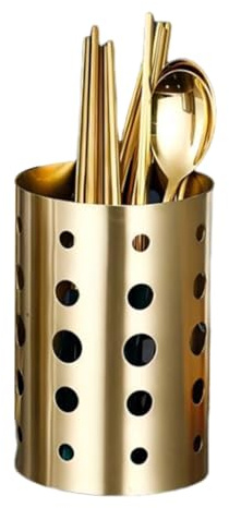 Tomotato Porte-ustensiles de Cuisine, 10x15cm Baguettes en Acier Inoxydable Doré, Support de Rangement pour Cuillères, Organisateur Ustensiles de Comptoir avec Trous de Vidange