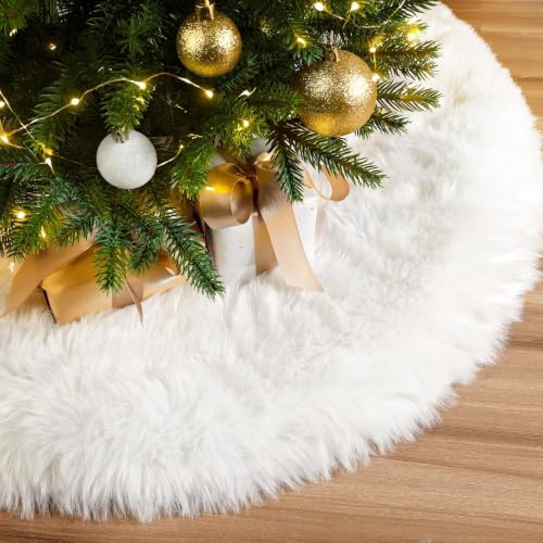 N&T NIETING Christmas Tree Skirts, 30 Inch White Faux Fur Xmas Tree Skirts | Double Layers Thick Soft Faux Fur Xmas Tree, Anti-Slip Backing, Cover Mat for Xmas Holiday Party Home Christmas Decoration