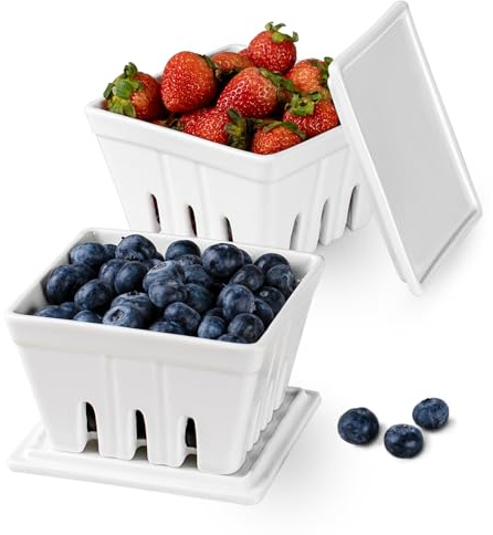 Dizada Set di 2 cestini per frutti di bosco in ceramica con coperchio, scolapasta da cucina da 12,7 cm, per fragole, uva, ciliegie, bacche, in gres, bianco