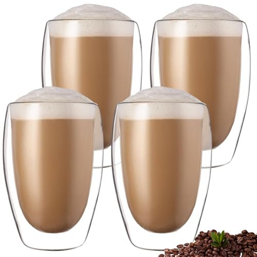 PRITOK Lot de 4 tasses à expresso - 450 ml - Double paroi - En verre borosilicate - Pour latte, macchiato, cappuccino, bière, lait, thé