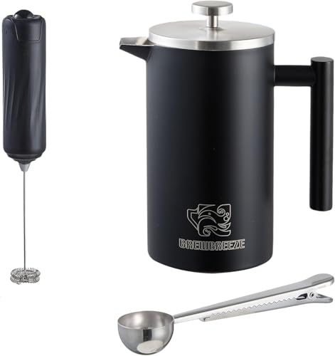 Brewbreeze French Press Set I Kaffeebereiter, Thermo, Kaffeepresse, für Filterkaffee, 1 Liter, Milchaufschäumer, doppelwandig, isoliert, Edelstahl (Schwarz)