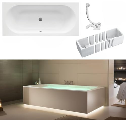 VBChome Badewanne 160 x 75 cm Weiß Acryl Wannenträger Platz für LED-Beleuchtung Styroporträger Siphon Wanne Rechteck Design Modern Ablaufgarnitur in Chrom