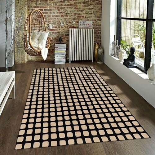 BYLEEHOMED Schwarzer Gitter Teppich Beige Teppich 60x120cm Schwarz und Weiß Karomuster Waschbare Innenteppiche für Wohnzimmer Schlafzimmer Hotel Büro