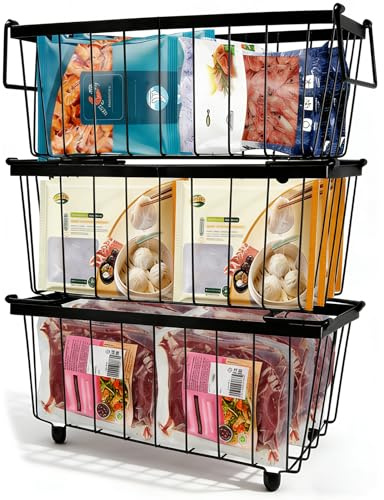 3 Pcs Chest Freezer Baskets, Stackable Freezer Organiser Metal Refrigerator Storage Rack with Foldable Handles, Organizer Bins Holds 33 LBS, Add Space and Air Circulation for Better Freshness, Black