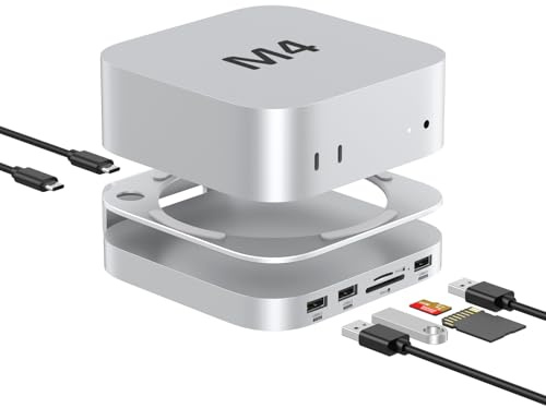 AKKYAJAURE Mac mini Hub: 9 in 1 Aluminum Stand & Dock for Mac mini M4 Pro with M.2 NVMe SSD Enclosure, 10Gbps USB-A*2, SD/TF Card Readers, USB 2.0
