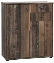 möbelando Kommode >TEMPRA2< in Old-Wood Vintage bietet 2 Türen, 2 Schubladen und 3 Ablageflächen. Belastbar bis 40 kg, mit schwarzem Kunststoffgriff und Füßen. Maße: 73,7 x 85,5 x 34,8 cm.