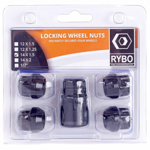 RYBO Set of 4 Open-Ended Alloy Wheel Locking Nuts (Black) (M14 x 1.5)