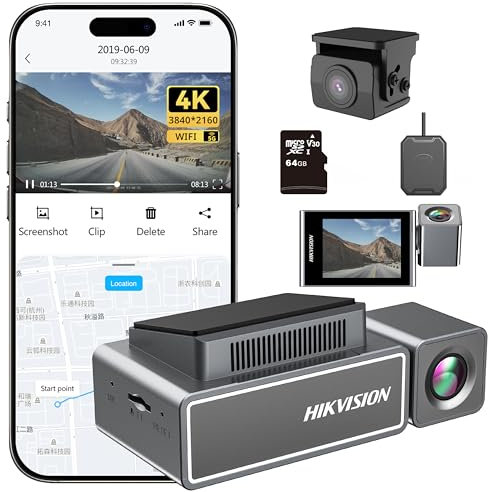 Hikvision Dashcam Auto Vorne Hinten, 4K+1080P Dash Cam mit GPS WiFi, 2,45 IPS-Touch Screen mit 64GB SD Karte,ADAS, G-Sensor, Car Camera APP Control, WDR Nachtsicht, Loop-Aufnahme, 256 GB Max(C8 Pro)