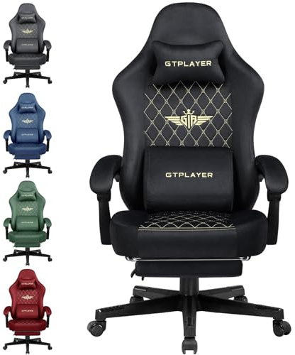 GTPLAYER Silla Gaming Sillón Gaming Tela Silla Gamer Ergonómica Oficina Silla PC, 150 kg, Silla de Mesa Regulable y giratoria con cojín de Asiento con muelles y reposapiés, Negro
