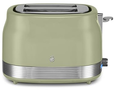 Swan ST19028GRN Retro 2 Slice Toaster with 6 Browning Levels for Toast, Bagels, Breakfast Muffins, Defrost/Reheat/Cancel, Hidden Cord Storage, Non-Slip Feet, 930W, Green and Stainless Steel