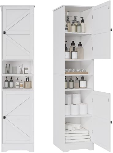 Viaozutis Tall Bathroom Storage Cabinet, Vertical Freestanding Organizer with Adjustable Shelf, Slim Design for Small Bathrooms, Towels & Toiletries Storage（White）