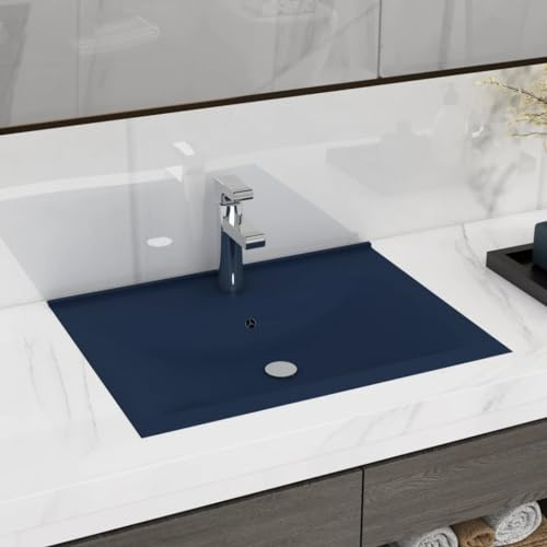 Lavabo de Cerámica con Orificio para Grifería, Diseño Rectangular Moderno, Azul Oscuro Mate, para Baño, Aseo o Tocador, Fácil Instalación Empotrado o Pared, 60x46x16 cm