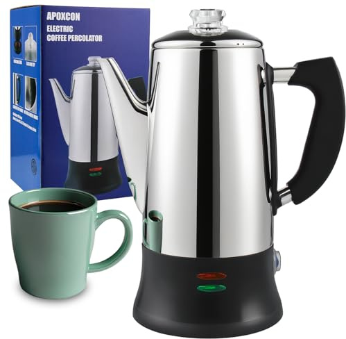 APOXCON Electric Coffee Percolator Stainless Steel Coffee Maker with Heat Resistant Tough Glass Clear Brew Progress Knob, Classic Coffee Pot with Keep Warm Cordless Serve Cool Touch Handle 12 Cup