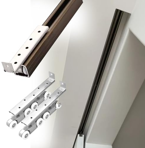 Taschentürschienen-Set für Schiebetüren, 76,2 - 183,9 cm, verstellbare Beschläge, inklusive 8 Radrollen und Halterung, individuelle Länge bis 228 cm, perfekt für Falttüren
