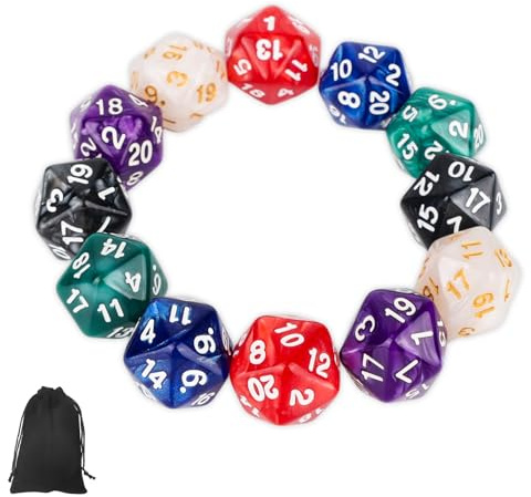 Fukaisu 12St D20 Würfelset in 6 Farben, 20-Seitig Zählerwürfel für RPG MTG DND Partykartenspiele mit Aufbewahrungstasche