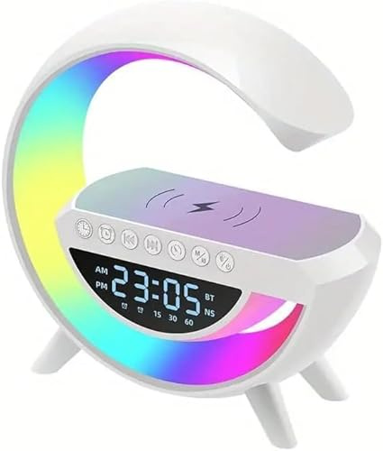 SQUADO Lampada LED Multicolore con Altoparlante Bluetooth, Ricarica Wireless, Sveglia Digitale, 23,5 x 8 x 23,5 cm, Bianco