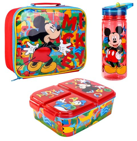 Disney Mickey Mouse - Juego de lonchera para niños, bolsa de almuerzo aislada, lonchera multicompartimento y botella de agua de 580 ml, juego de comida para viajes escolares, sin BPA