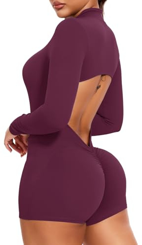 STARBILD Mujer Mono Corto Deportivo con Cremallera Manga Larga, Gym Jumpsuits Short Zipper Push Up, V Back Scrunch Una Pieza para Pilates Yoga Fitness Gimnasio, Morado Berenjena S