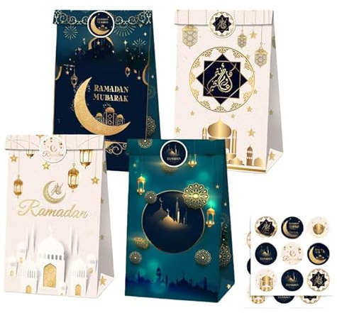 12Stück Eid Mubarak Geschenketüte-Ramadan Geschenktüten，Set mit 19 Aufklebern, Kraftpapier Goodie Bags, Mond Laternen Design Treat Bags für Eid al-Fitr Feierlichkeiten