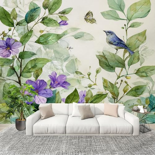 350x256 cm Fotomurali in TNT Piante Fiori Uccelli Carta da Parati Fotografica Moda Murale Decorazione Personalizzabile Verde Chiaro Moderno e Lussuoso 3D HD Panorámico Carta per Pareti