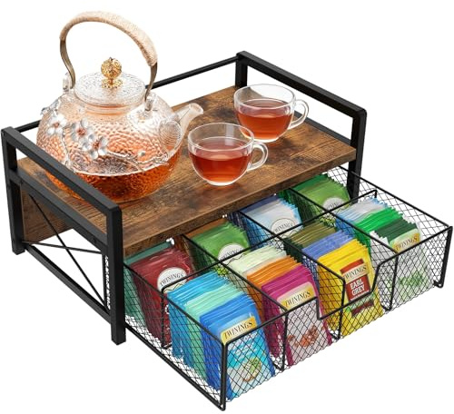 BCOZLUX Tea Bag Organizer, Wooden Tea Organizers and Storage Box with Drawer, Teabag Holder and Display Caddy for Countertop, Tea Station Chest Organizer (Rustic Brown)