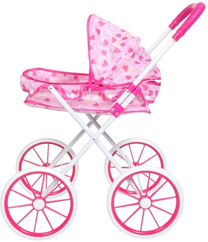 Parliky Passeggino Pieghevole per Bambole Rosa Baldacchino Realistico, Giocattolo per Carrozzina Ampio Spazio e Accessori, Gioco di Ruolo per Bambine e Sviluppo Motorio