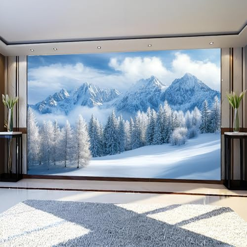 Papel Pintado Panorámico Bosques y montañas nevadas 450 x 315 cm Azul Fotomural Tejido No Tejido 3D para Salón o Dormitorio