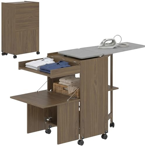HOMCOM Tabla de planchar plegable con ruedas y soporte para plancha, mueble de planchar multiusos con estantes, compartimento abierto, para lavandería, baño, 154x55x87 cm, Marrón