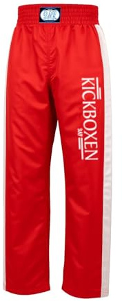 BAY Edel Stick Kickboxhose Kampfsporthose Rot lang Streifen in Weiß seitlich Polyester gestickter Schriftzug Erwachsene Damen Herren Kinder Jungen Mädchen Größe 3XS (130)