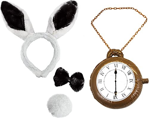White Rabbit Ears + Bow Tie + Tail + Jumbo Clock Book Week Fancy Dress Set