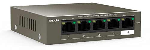 Tenda 5 port Poe Network Switch, 4 PoE Port Ethernet Internet Per port 30W, 58W for all ports, 802.3af/at Fanless Lan Switch Metal case Cool Operation Ideal for IP Camera Access Point (TEF1105P-4-63W)