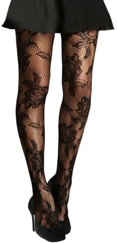 Damen Netzstrumpfhose, gemustert, mit Spitze, mit Muster-Aufdruck, Schwarz, Bold English Rose, Einheitsgröße