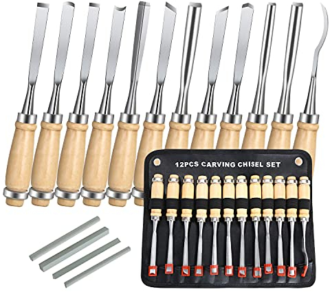 flintronic Stechbeitelsatz, 12-teilig Holzgriff & Werkzeyt, Holzmeißelset, Tranchiermesser Holzschnitzset, Für einfache Abdeck- & Malerarbeiten - Universell einsetzbar (inkl 4 Schleifsteine)