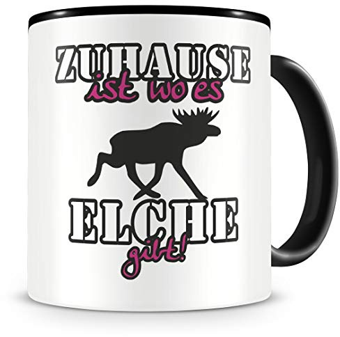 Samunshi® Elche Tasse mit Spruch Zuhause ist Elche Geschenk für Elch Fans Kaffeepott Kaffeebecher Kaffeetasse groß Lustige Tassen zum Geburtstag schwarz 300ml