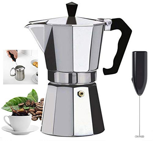 HK Online Italienischer Espressokocher und elektrischer Milchaufschäumer – Continental Perkolator Topf Krug, Camping, Wohnwagen, Brühen von reichhaltigem Kaffee (9 Tassen Espresso und Aufschäumer)
