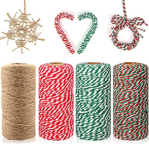 OEMG 200M Cordoncino in Cotone Spago Bianco e Rosso Bakers Twine 2mm Naturale Corda di Spago di iuta Cordoncini Decorativi Spago Natalizio, per Confezionamento Regalo Cucina Cottura (4 Rotoli)